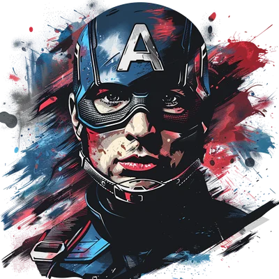 Hình ảnh Captain America với mũ xanh có chữ A, hiệu ứng màu nước đỏ và xanh trên nền xám.