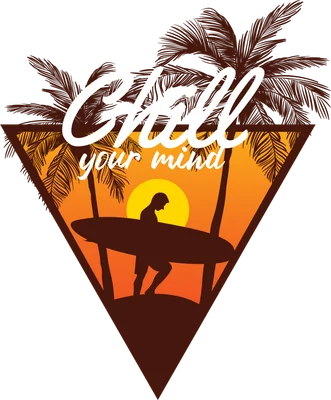 Thiết kế hình in người lướt sóng dưới hoàng hôn với hàng dừa và dòng chữ Chill your mind