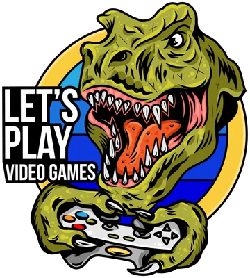 Hình ảnh khủng long T-Rex màu xanh lá cây hung dữ đang cầm tay cầm chơi game, với dòng chữ 'LET'S PLAY VIDEO GAMES'.