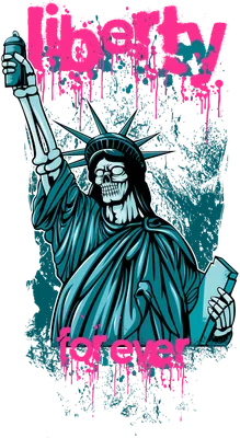 Hình ảnh Tượng Nữ Thần Tự Do với bộ xương, cầm bình xịt sơn graffiti, chữ 'liberty' và 'forever'
