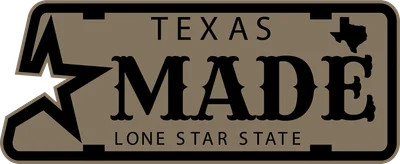 Biển số xe "Texas Made" với hình bản đồ Texas và ngôi sao, phong cách vintage.