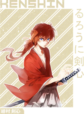 Hình ảnh Kenshin Himura, nhân vật anime với mái tóc đỏ, mặc kimono đỏ, tay cầm kiếm.