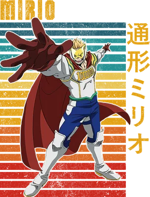 Hình ảnh nhân vật anime Mirio Togata trong trang phục anh hùng, giơ tay về phía trước, với nền sọc ngang màu cam, vàng, xanh dương và xám.