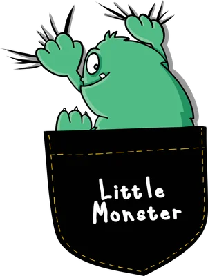 Hình minh họa quái vật xanh lá dễ thương ló đầu từ túi áo đen, có chữ 'Little Monster' màu trắng.
