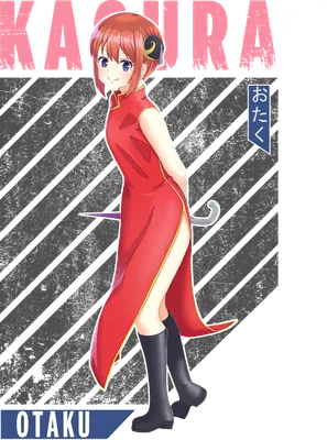 Hình ảnh anime Kagura trong trang phục sườn xám đỏ, tóc đỏ, biểu cảm dễ thương.