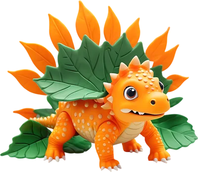 Hình ảnh một chú khủng long Stegosaurus hoạt hình màu cam dễ thương với các vảy hình lá màu xanh và cam trên lưng, đứng trên nền xám.