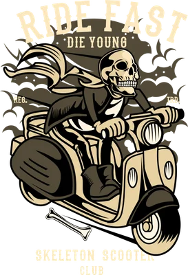 Hình minh họa bộ xương lái xe scooter phong cách retro với dòng chữ Ride Fast Die Young