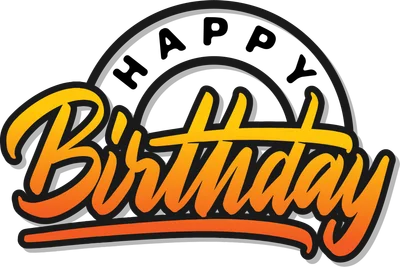 Chữ 'Happy Birthday' viết tay màu vàng cam gradient, viền đen, trên nền xám.