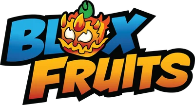 Logo Blox Fruits với biểu tượng lửa hoạt hình màu cam và chữ màu xanh dương, vàng cam.