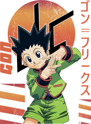 Nhân vật Gon Freecss trong anime Hunter x Hunter với trang phục xanh lá, tạo dáng hai ngón tay chữ V trước mặt.