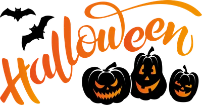 Hình ảnh minh họa Halloween với chữ "Halloween" màu cam gradient, ba quả bí ngô khắc mặt cười và hai con dơi đen.