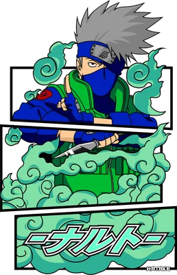 Hình vẽ nhân vật Kakashi Hatake trong Naruto, mặc trang phục ninja xanh lá và xanh dương, bao quanh bởi khói xanh.
