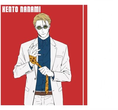 Hình vẽ Kento Nanami, nhân vật anime, mặc vest trắng, chỉnh cà vạt, đeo kính râm, nền đỏ và xám.