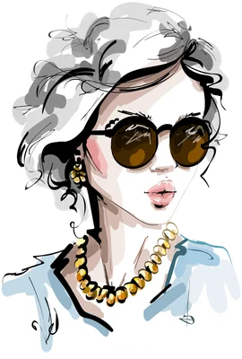 Tranh vẽ chân dung phụ nữ đeo kính râm tròn, vòng cổ vàng và khuyên tai, tóc xoăn xù, phong cách thời trang.