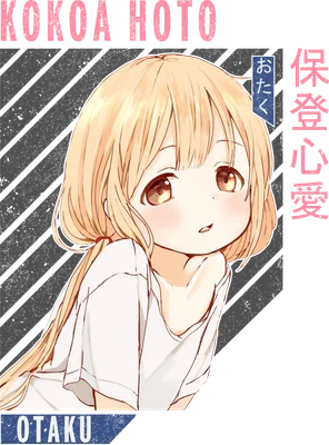 Hình ảnh cô gái anime tóc vàng, mắt nâu to tròn, mặc áo trắng, biểu cảm đáng yêu.