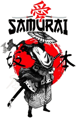 Hình ảnh chiến binh Samurai Nhật Bản với kiếm, đội mũ vành, trên nền đỏ tròn.