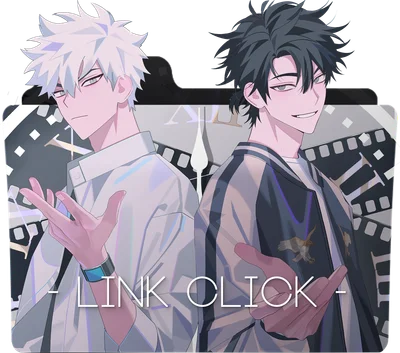 Hai nhân vật anime nam với mái tóc trắng và đen, đứng cạnh nhau, phía sau có hình ảnh cuộn phim.