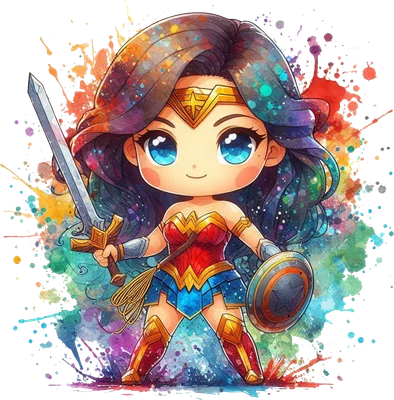 Hình ảnh Wonder Woman chibi dễ thương với kiếm và khiên, nền màu nước bắn tung tóe đầy màu sắc.