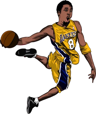 Hình vẽ Kobe Bryant trong trang phục Los Angeles Lakers, số 8, đang tung người úp rổ bóng rổ.