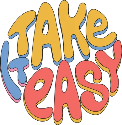 Hình ảnh chữ TAKE IT EASY phong cách retro, màu vàng, xanh dương, hồng san hô, hiệu ứng 3D nổi bật.