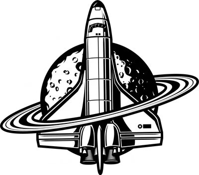 Hình minh họa tàu con thoi bay qua hành tinh có vành đai, với chữ Galaxy Camp, ESTD 1991. Thiết kế đen trắng trên nền xám.
