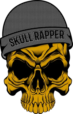 Hình minh họa đầu lâu màu vàng đội mũ len có chữ Skull Rapper phong cách đường phố