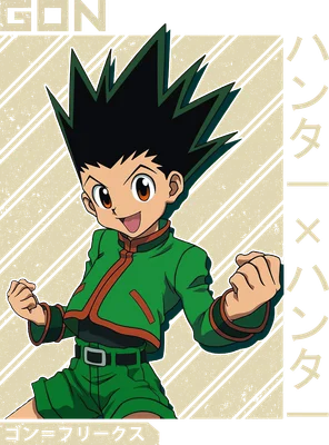 Hình ảnh nhân vật Gon Freecss từ anime Hunter x Hunter với mái tóc nhọn màu đen, mặc áo khoác xanh lá và quần short, biểu cảm vui vẻ.