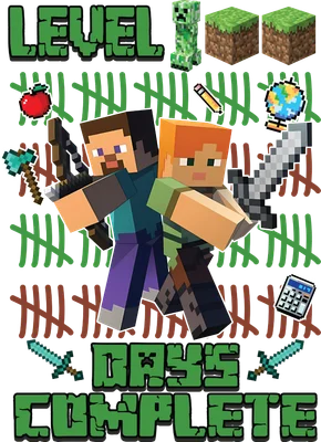 Hình ảnh nhân vật Steve, Alex và Creeper từ game Minecraft với dòng chữ 'LEVEL' và 'DAYS COMPLETE', kèm các biểu tượng như táo, bút chì, địa cầu, rìu, kiếm, máy tính.