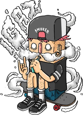 Hình vẽ chàng trai đội mũ lưỡi trai, hút vape, ngồi trên ván trượt, phong cách hiphop.