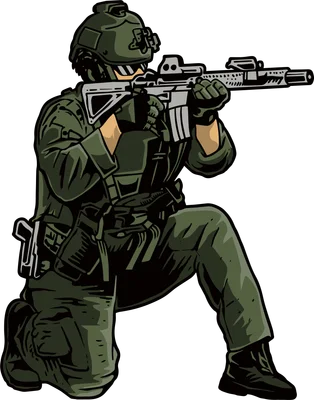 Hình vẽ chiến binh SWAT mặc quân phục xanh lá, đội mũ bảo hiểm, đeo kính, quỳ gối ngắm bắn súng trường.
