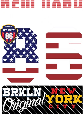 Thiết kế đồ họa chữ New York Brooklyn, số 86 với họa tiết cờ Mỹ, huy hiệu NY City 86, trên nền xám.