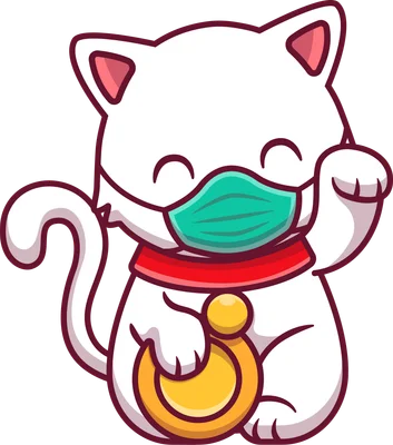 Hình ảnh hoạt hình mèo Maneki Neko màu trắng đeo khẩu trang y tế màu xanh lá, cổ quấn khăn đỏ, tay cầm đồng vàng.