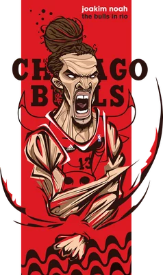 Hình vẽ hoạt hình Joakim Noah của Chicago Bulls, biểu cảm gào thét, mặc áo số 13.