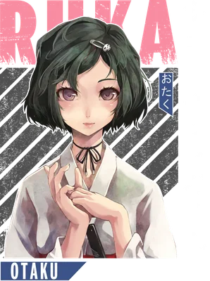 Hình ảnh cô gái anime tóc ngắn màu xanh đen, mắt tím, mặc áo trắng, đeo vòng cổ đen.