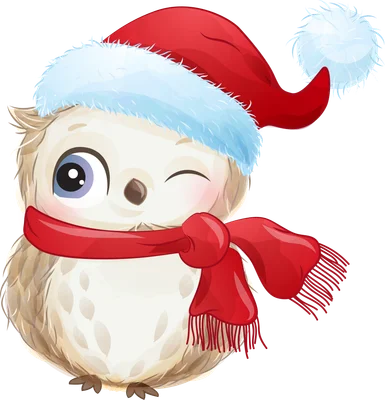 Hình ảnh minh họa một chú cú tuyết dễ thương đội mũ ông già Noel màu đỏ, quàng khăn đỏ, nháy mắt.