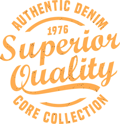 Thiết kế chữ Superior Quality, Authentic Denim, Core Collection màu cam trên nền xám, phong cách vintage bụi bặm.