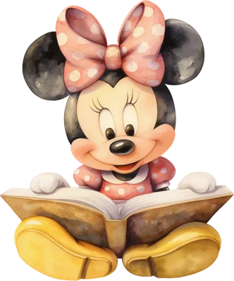 Minnie Mouse hoạt hình dễ thương đang ngồi đọc sách với phong cách vẽ màu nước, nền xám đơn giản.