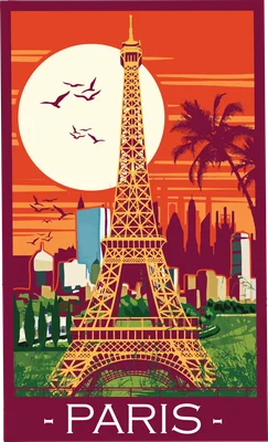 Tranh minh họa tháp Eiffel tại Paris với mặt trời lớn và cây cọ phong cách nghệ thuật cổ điển