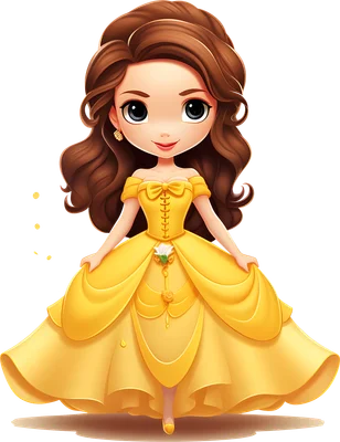 Hình ảnh công chúa Belle hoạt hình chibi với mái tóc nâu, mắt to, mặc váy dạ hội màu vàng rực rỡ, đang mỉm cười.