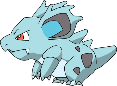 Hình ảnh Nidoran nam Pokémon màu xanh ngọc với mắt đỏ và gai trên lưng, nhìn sang trái trên nền xám.
