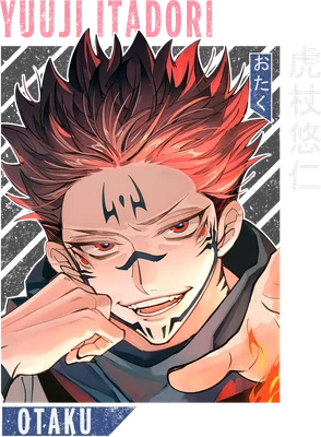Hình vẽ Yuji Itadori từ anime Jujutsu Kaisen với mái tóc đỏ đen, biểu cảm ngầu và hình xăm trên mặt.