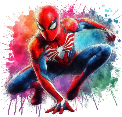 Spider-Man trong tư thế chiến đấu với hiệu ứng watercolor đỏ, xanh, hồng phủ quanh