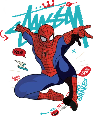 Hình ảnh hoạt hình Spider-Man trong tư thế hành động, với các yếu tố đồ họa như bong bóng thoại và tia sét.