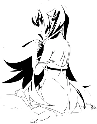 Hình vẽ cô gái anime tóc dài, mặc váy trắng, ngồi suy tư với ánh mắt nhìn sang một bên.