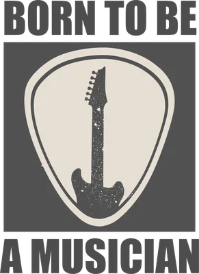 Hình in chuyển nhiệt với dòng chữ 'Born To Be A Musician' và biểu tượng cây đàn guitar điện.