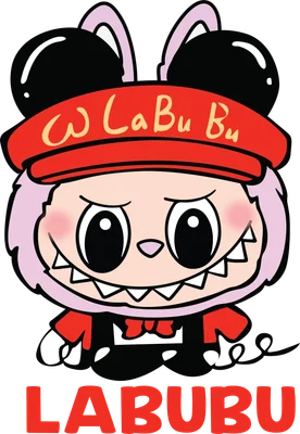 Hình ảnh nhân vật hoạt hình Labubu tinh nghịch đội mũ đỏ, có răng nhọn và tai thỏ, chữ Labubu màu đỏ.