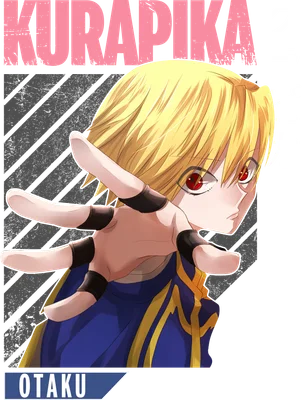Hình vẽ chibi nhân vật Kurapika từ anime Hunter x Hunter với mái tóc vàng và mắt đỏ, đưa tay về phía trước.