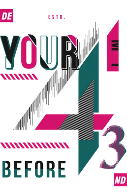 Hình ảnh thiết kế đồ họa với các chữ cái lớn "YOUR MIND BEFORE BRAND" và các hình khối trừu tượng, màu sắc nổi bật.