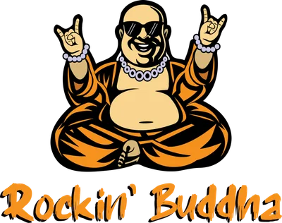 Hình ảnh minh họa Tượng Phật "Rockin' Buddha" đeo kính râm, tay giơ ký hiệu rock, mặc áo choàng cam, ngồi thiền.