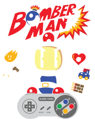 Hình ảnh Bomberman hoạt hình với tay cầm game, bom, trái tim và các vật phẩm khác trên nền xám.